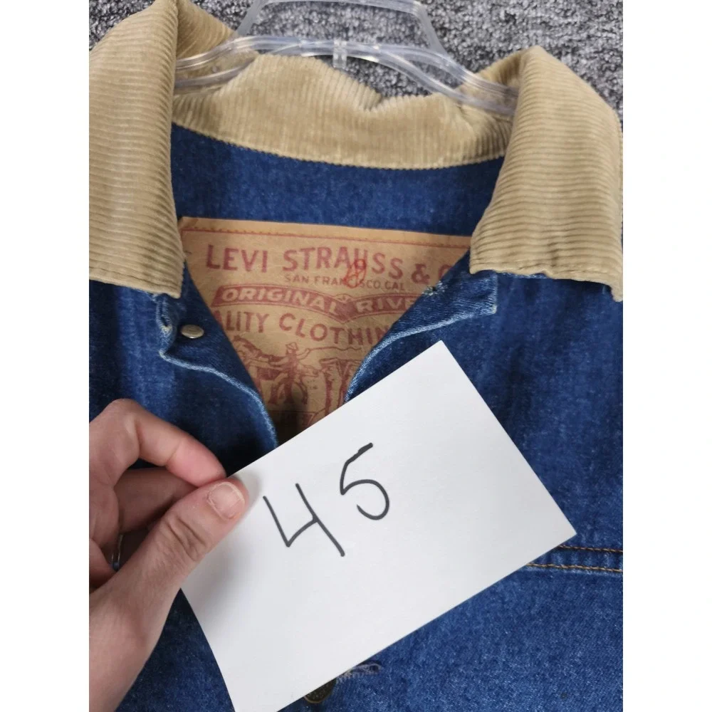 Vintage Levis Denim Duster‎ Coat Mens Large Blue Corduroy Collar USA 75070
